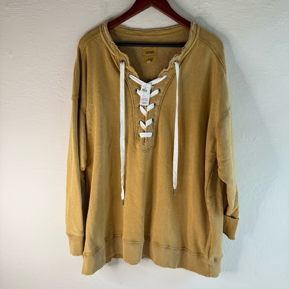 Aerie NWT Lace Up Oversized Long Sleeve Vintage Yellow Crew Sweatshirt Large - Picture 2 of 7
